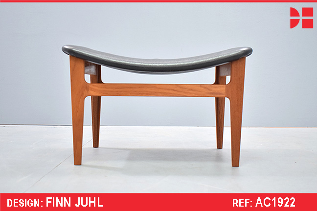 Finn Juhl vintage teak footstool in original black leather 