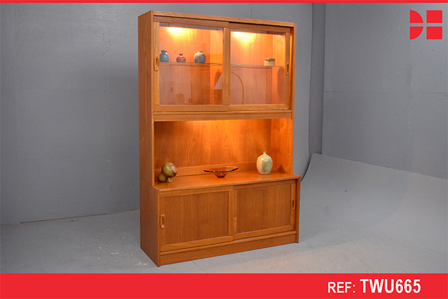 Glass-fronted display cabinet in teak with internal lighting