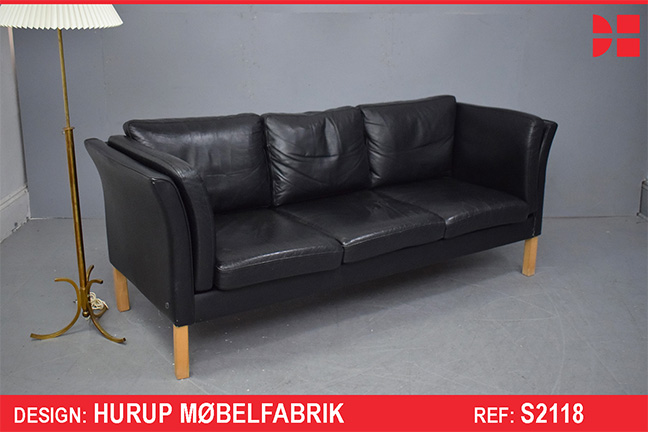 3 Seater box frame black leather sofa by Hurup