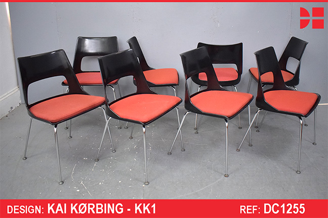Vintage set of 8 black & Chrome chairs designed by Kai Korbing