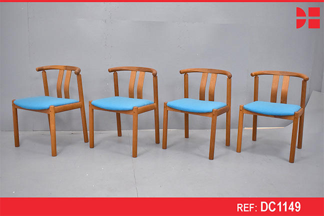 Set of 4 vintage teak dining chairs with blue wool upholstery