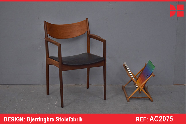 Vintage teak frame carver dining or desk chair with original black upholstery seat