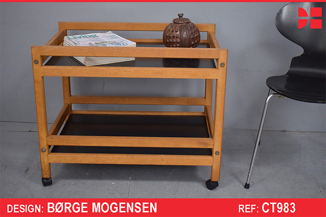 Vintage oak frame cart with black formica shelves - Borge Mogensen