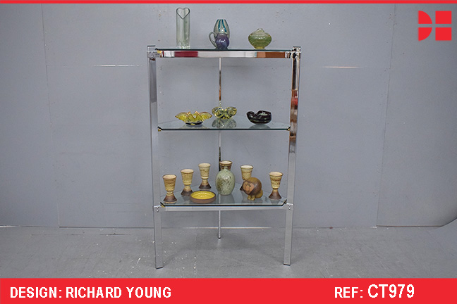 Chrome and glass 3 tier corner shelf designed by Richard Young 