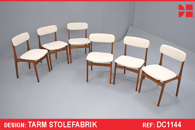 Set of 6 teak dining chairs in NEW cream boucle upholstery | TSM