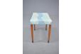 1960s production teak leg footstool with blue upholstery