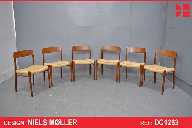 Set of 6 teak Model 75 dining chairs by Niels Moller 1954