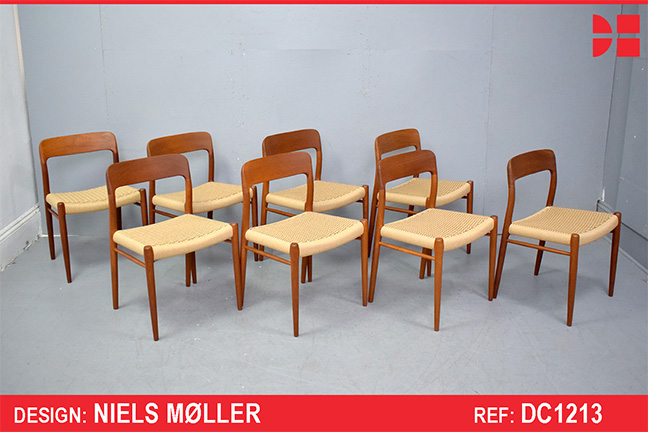 Set of 8 teak dining chairs model 75 by Niels Moller with new papercord