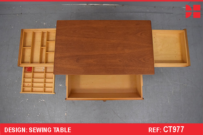 Vintage teak sewing table with multiple drawers