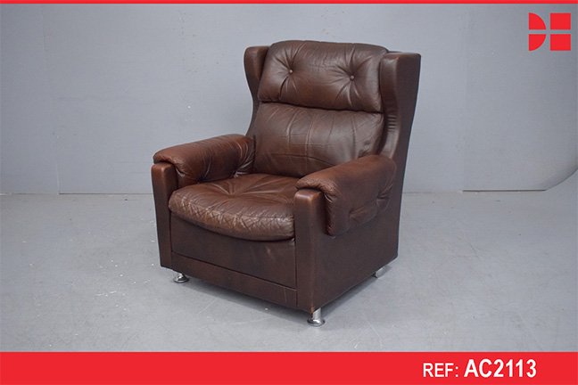 1970s wingback armchair in original brown leather upholstery