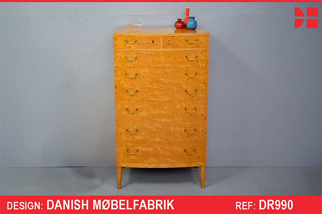 Golden flamed birch chest of drawers with bow front | Danish Mobelfabrik