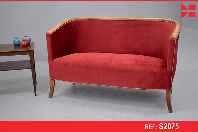 Vintage 2 seat curved frame sofa with in red velvet upholstery