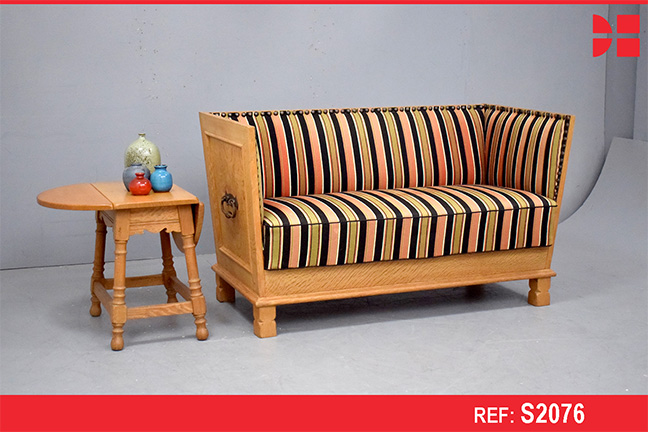 Vintage 2 seater light oak trunk sofa with striped upholstery