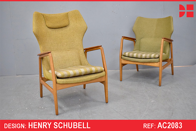 High-back MS8 armchair in green wool upholstery | Henry Schubell design