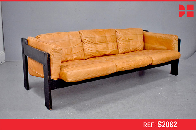 Vintage orange leather 3 seater sofa with black lacquer oak frame