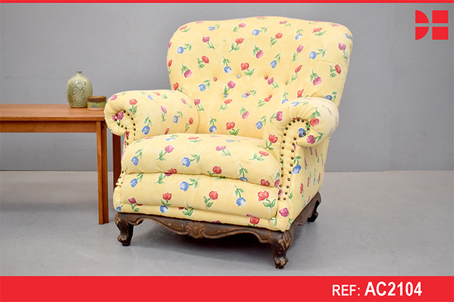 Oversized vintage wingback armchair in yellow upholstery