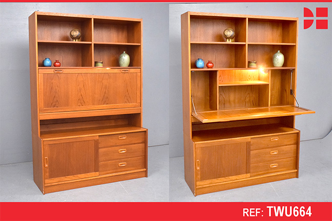 Vintage teak wall unit with drop front and internal lighting