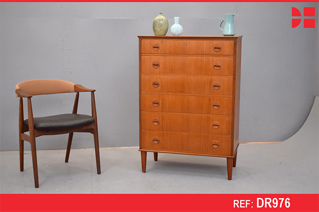 Chest of 6 drawers in vintage teak with carved circular handles