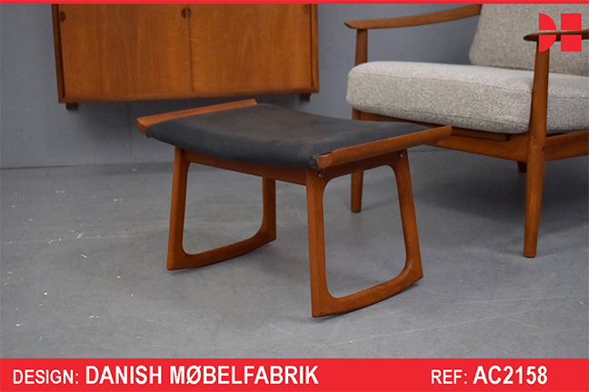 Vintage teak rocking foot stool with black leather upholstery