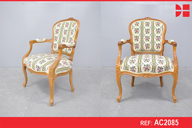 Reproduction French rococo style armchair with floral embroidery